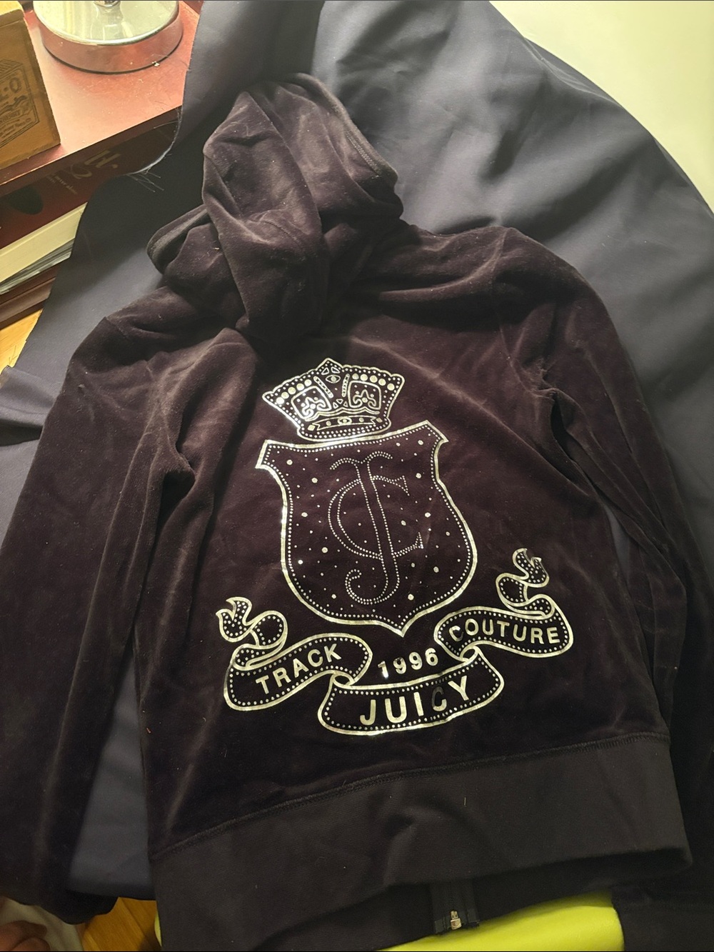 Juicy Couture Black Velvet Hooded Track Jacket with Crest